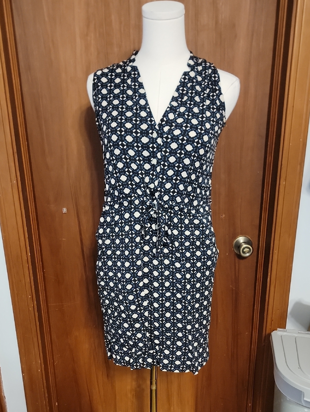 Sleeveless Navy Patterned Tie-Waist Dress
